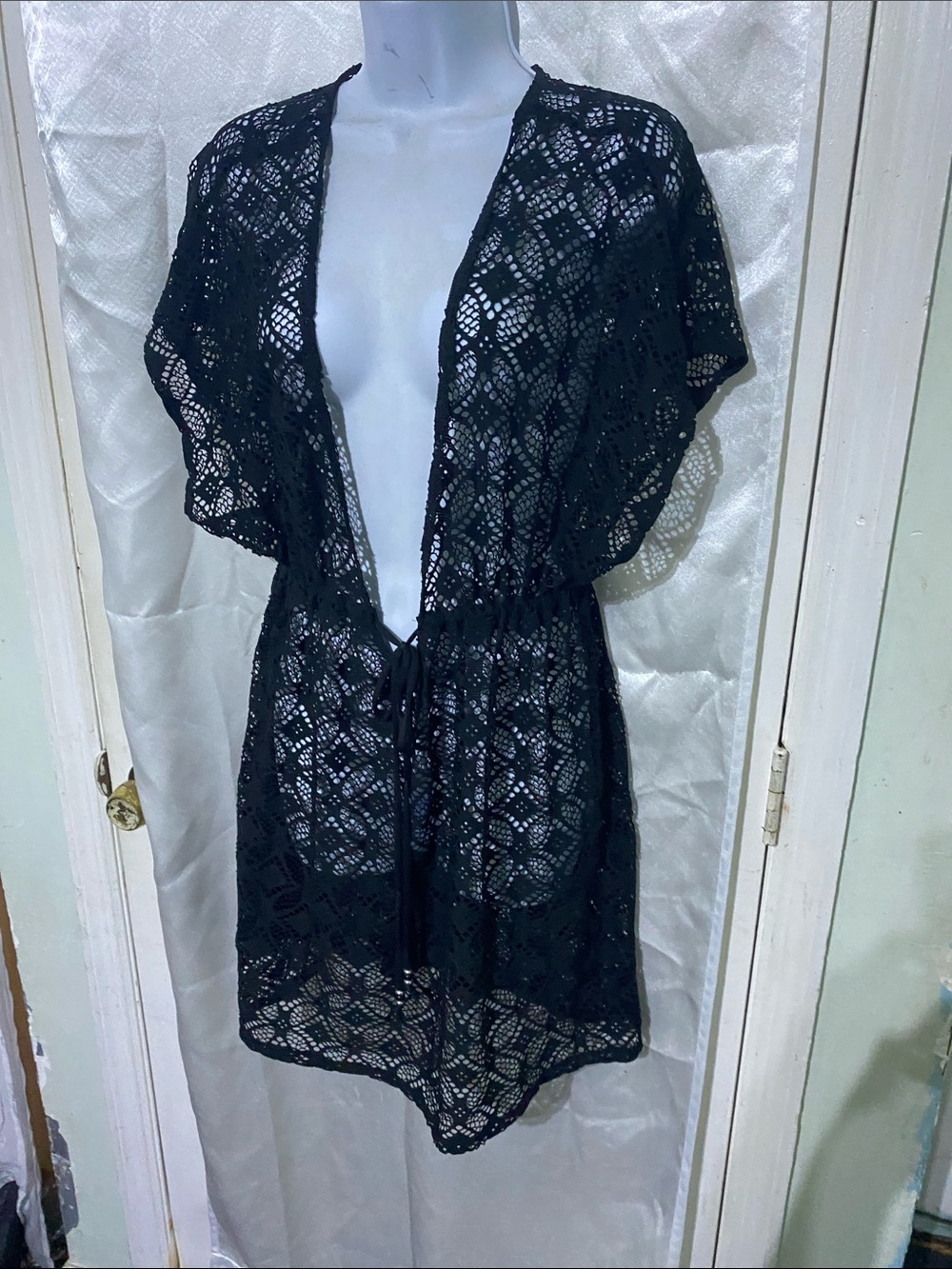 Black Crochet Beach Cover-Up with Tie Waist